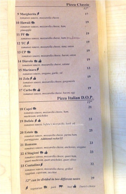 Dario Pizza Menu