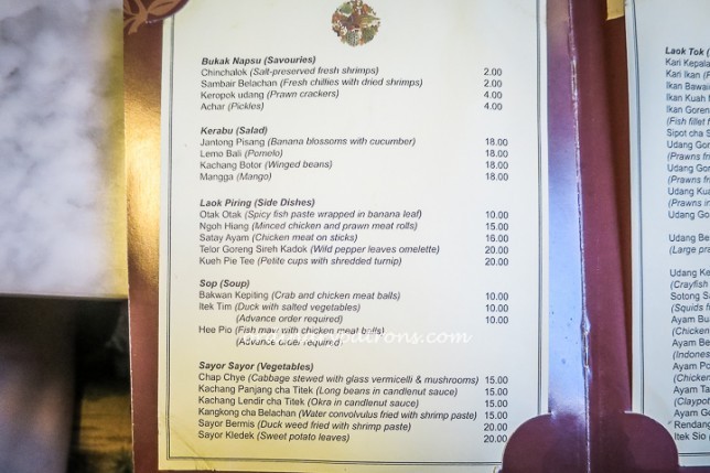 True Blue Peranakan Cuisine Menu