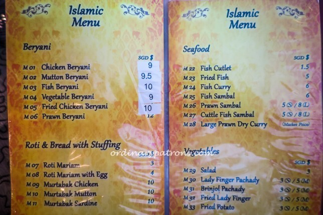 Singapore Islamic Restaurant briyani menu