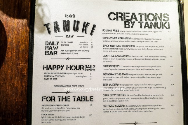 Menu Tanuki Raw Happy Hour