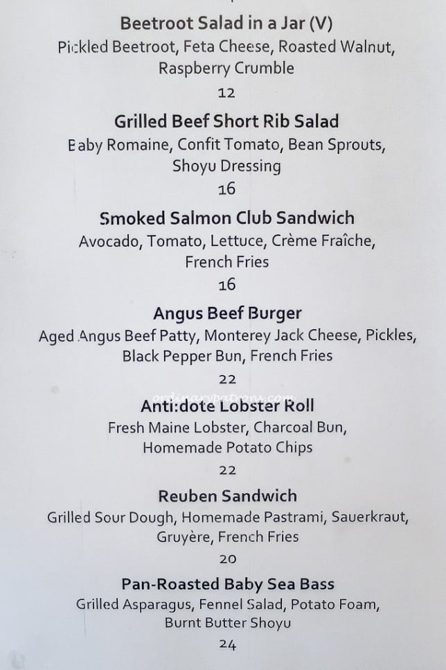 Anti:dote Fairmont Menu