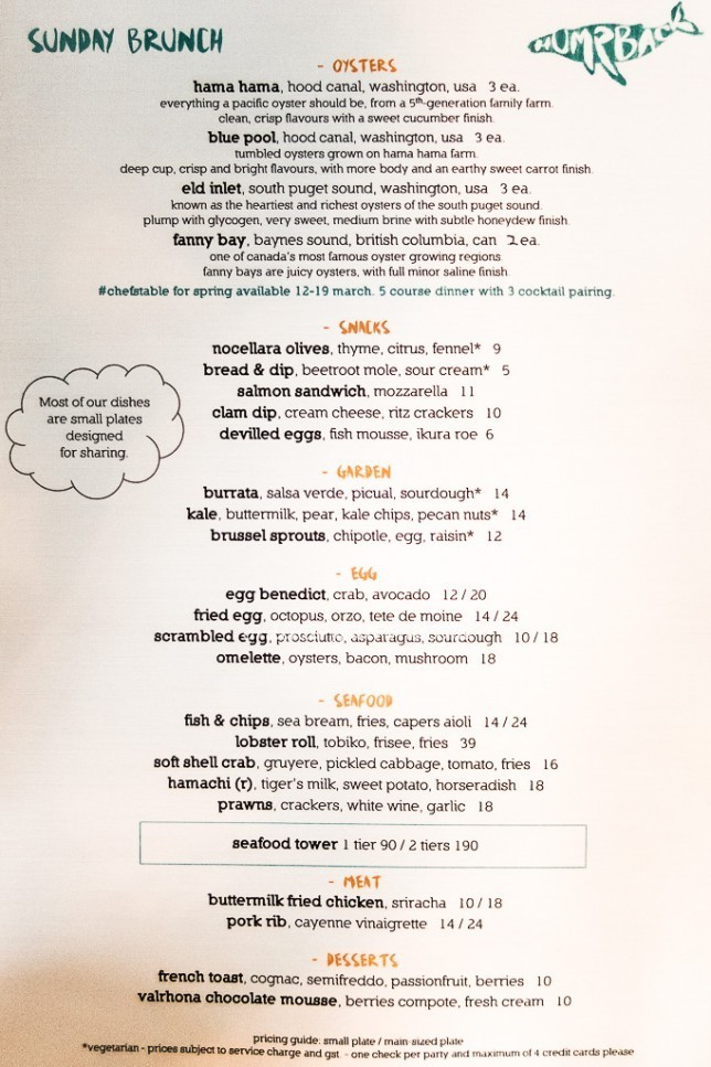 Humpback Sunday Brunch Menu