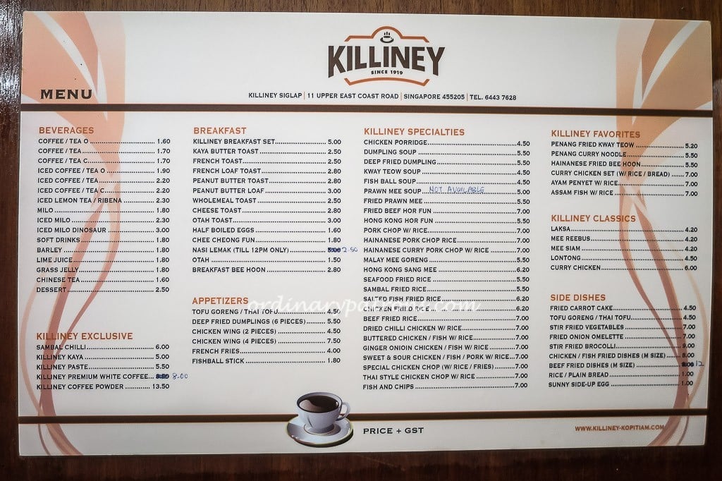 Killiney Kopitiam Menu