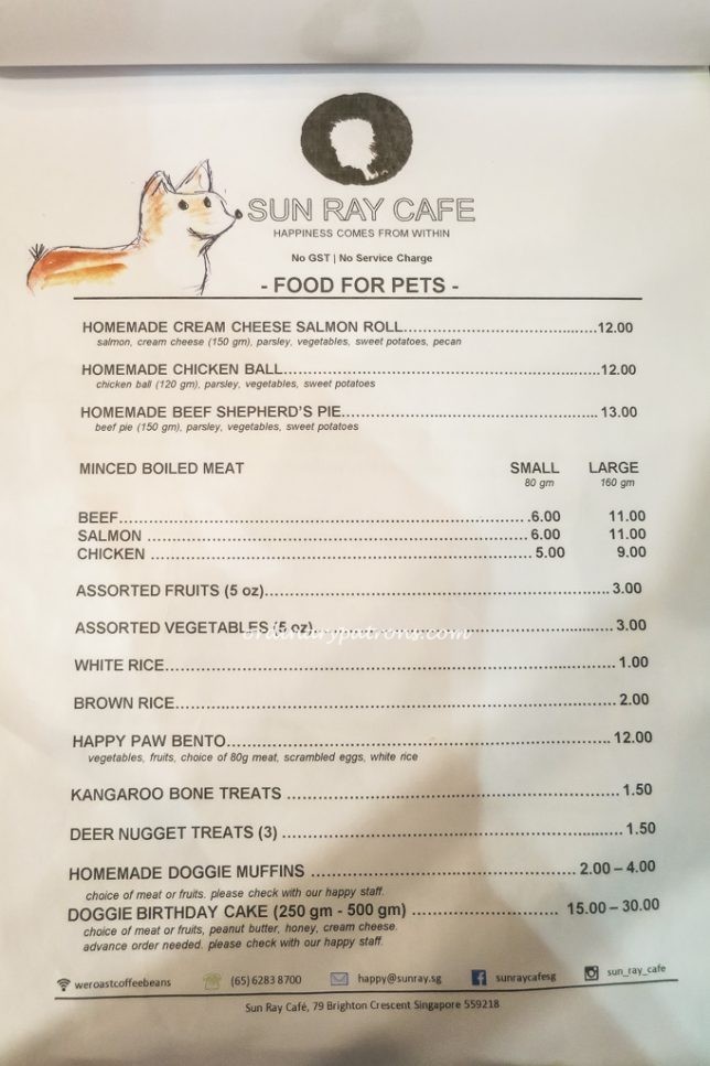 Sun Ray Cafe - Food for Pets Menu