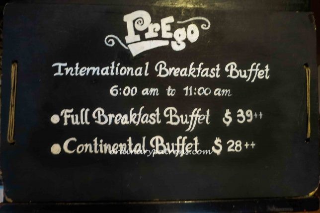 Breakfast at Prego Singapore - Buffet Price