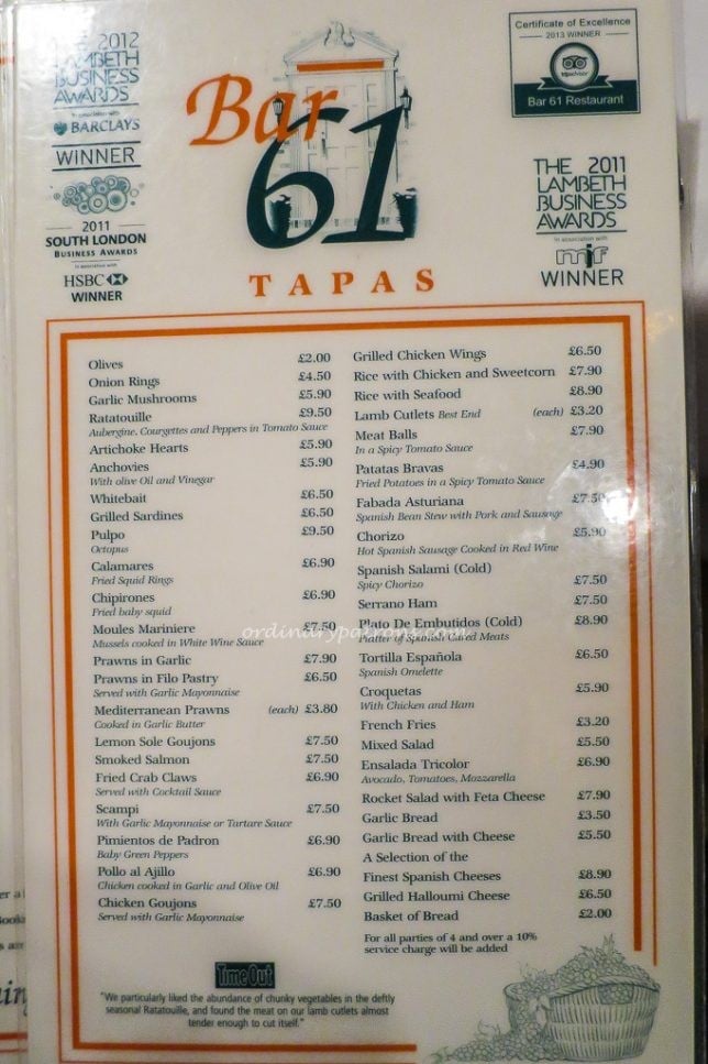 Bar 61 Menu