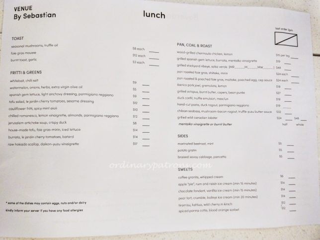 VENUE by Sebastian Lunch Menu