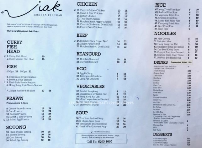 Jiak Modern Tze Char menu