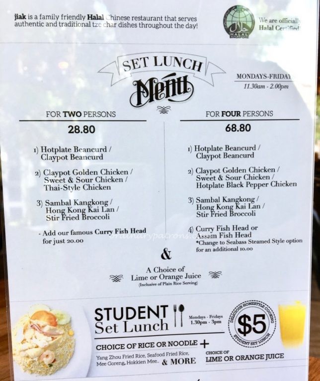 Jiak Modern Tze Char menu.