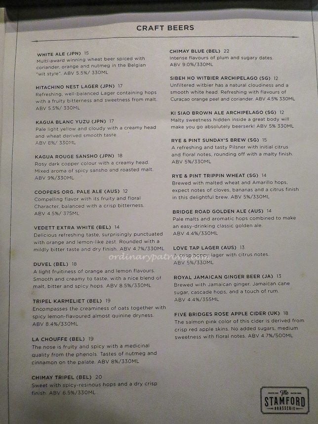 The Stamford Brasserie Crafts Beers menu