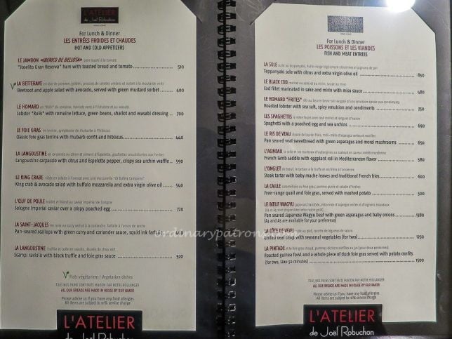 L'Atelier de Joël Robuchon Menu