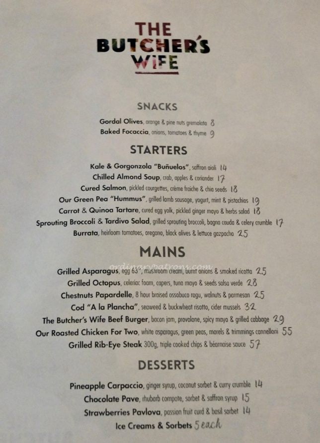 The Butcher's Wife Restaurant Menu