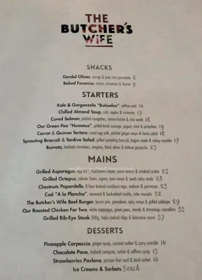 The Butcher's Wife Restaurant Menu