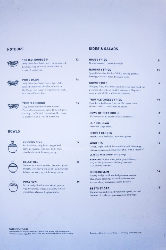 Three Buns Burgers & Cocktail menu. 