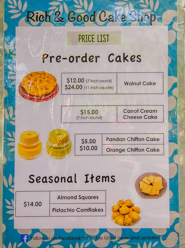Rich & Good Cake Shop Price List as at April 2019﻿
