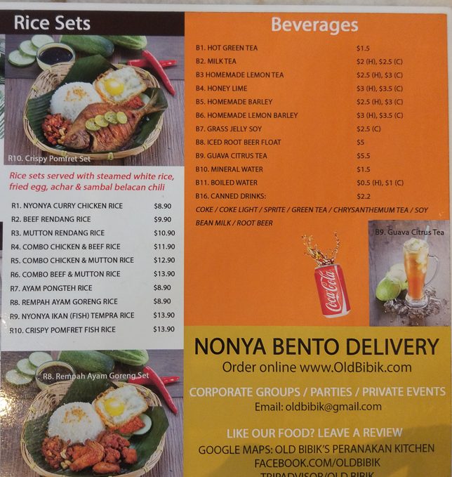 Old Bibik's Menu
