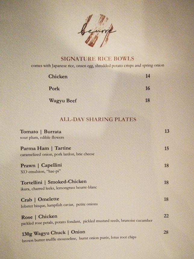 Restaurant Beurre Menu