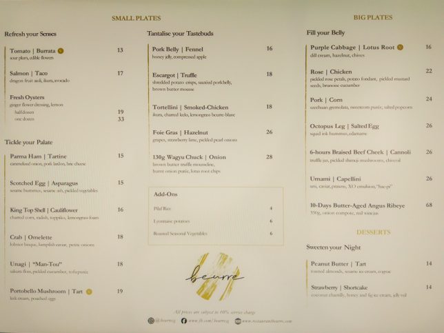 Menu of Restaurant Beurre 