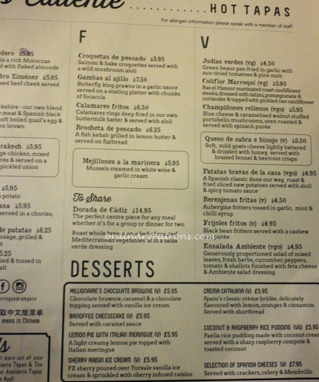 Ambiente Tapas Goodramgate Menu