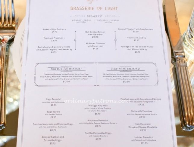 Brasserie of Light Selfridges breakfast menu.