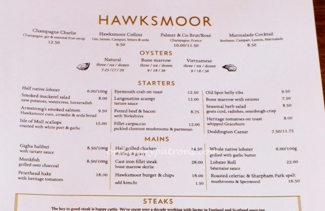 Hawksmoor Edinburgh Menu