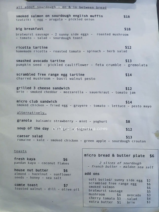 Menu of Micro bakery & kitchen