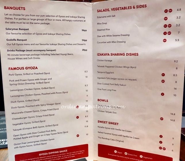 Harajuku Gyoza Brisbane -Menu