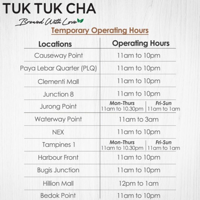 Tuk Tuk Cha Opening hours