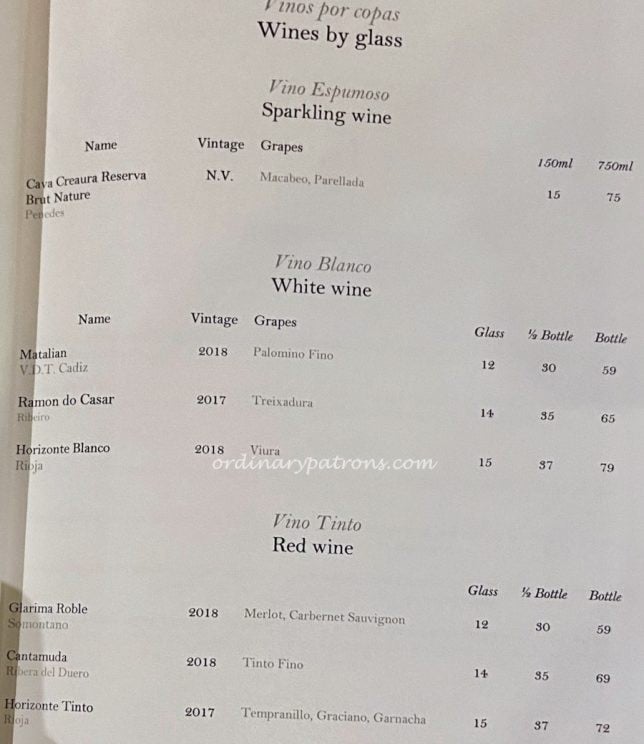 Binomio Spanish Restaurant Wine List