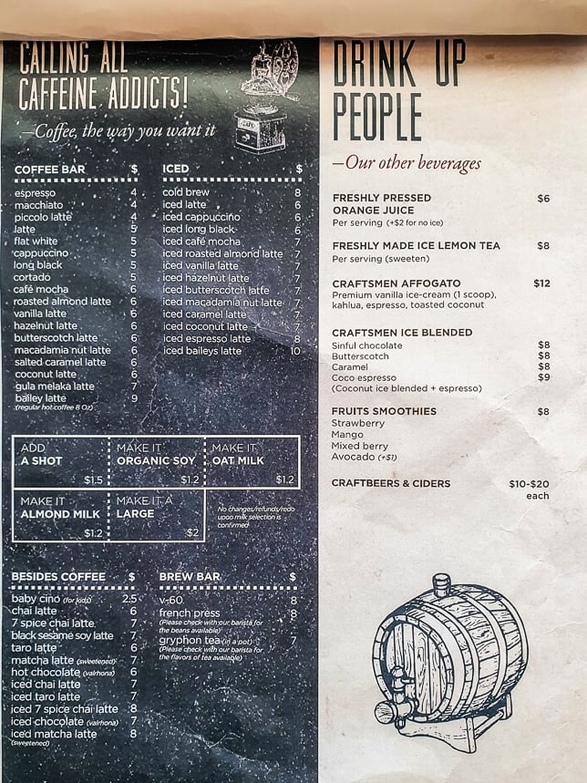 Menu of Craftsmen Specialty Coffee 