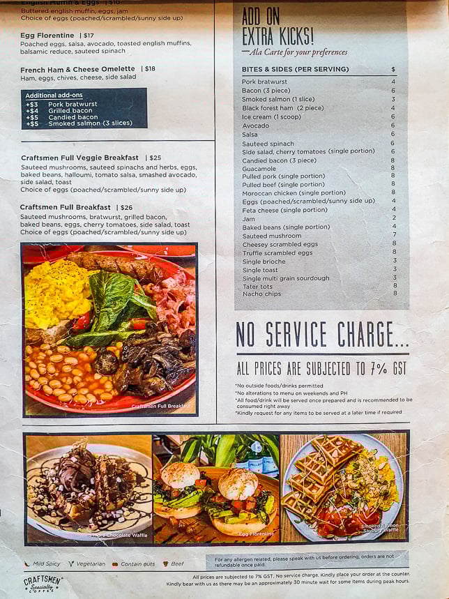 Craftsmen Specialty Coffee Novena Brunch Menu