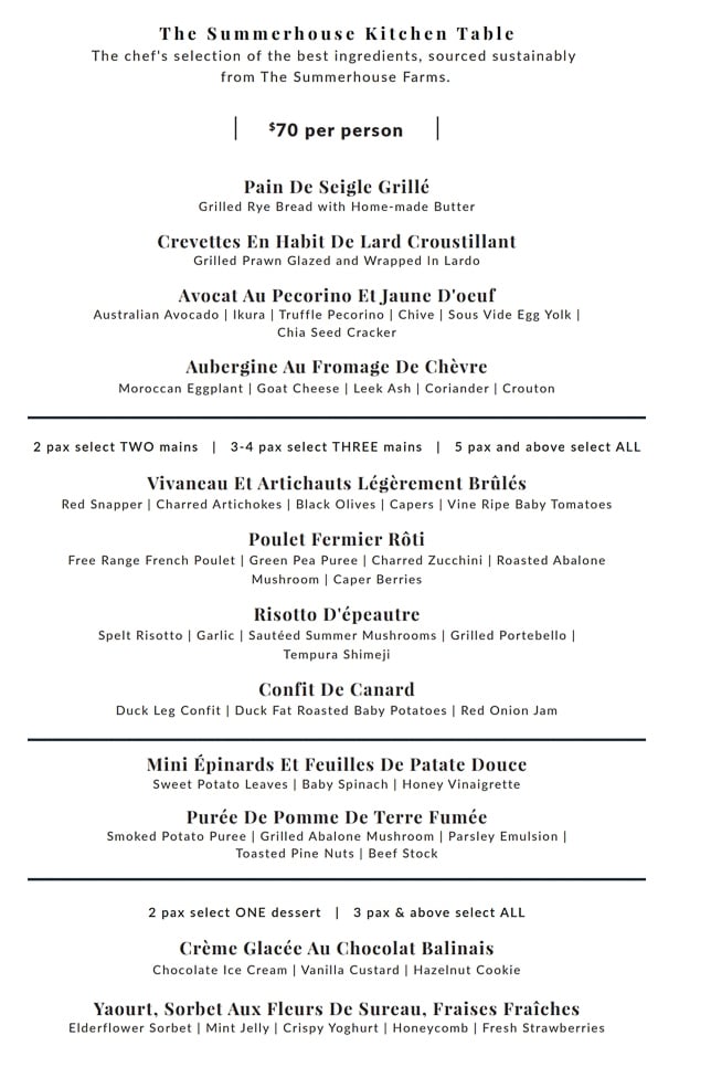 The Summerhouse Kitchen Table Menu