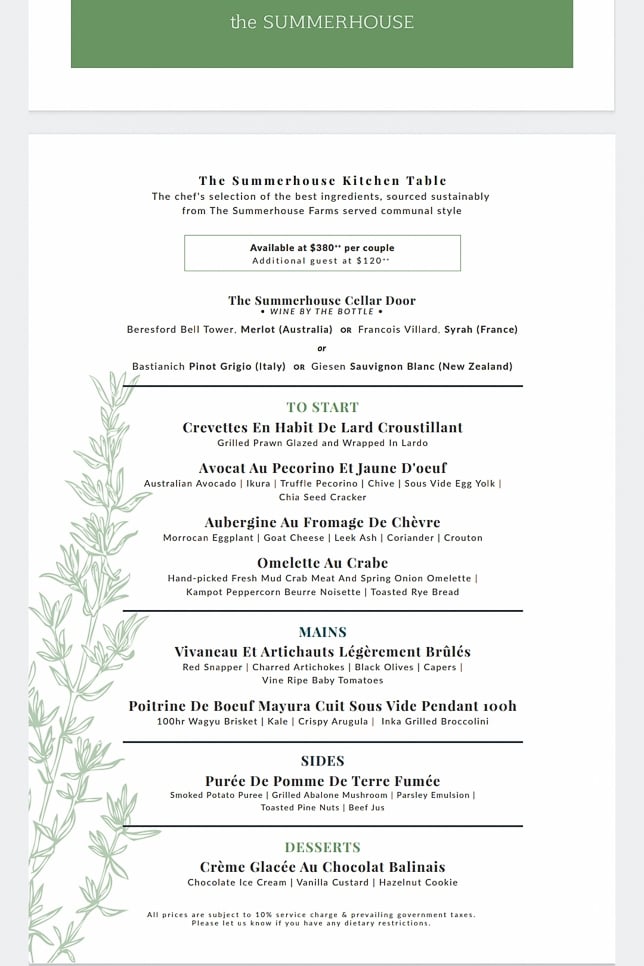 The Summerhouse Kitchen Table Menu