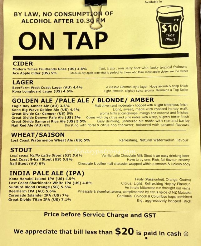 TAP Craft Beer Raffles City Beer Menu