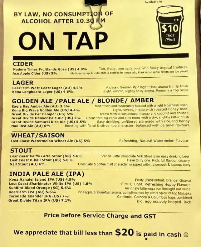 TAP Craft Beer Raffles City Beer Menu