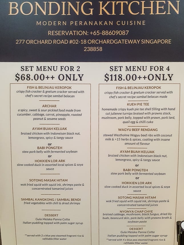 Set Menu of Bonding Kitchen Modern Peranakan Restaurant