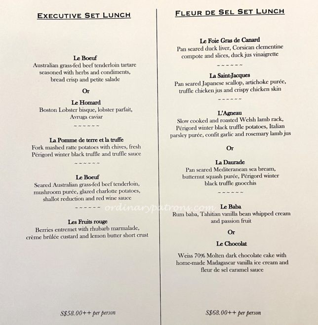 Set Lunch Menu at Fleur de Sel Restaurant, Tanjong Pagar Singapore