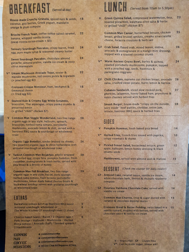 Common Man Coffee Roasters Joo Chiat Menu for Breakfast & Lunch