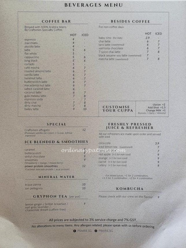 Prairie By Craftsmen Joo Chiat Menu