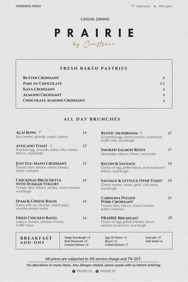 Prairie by Craftsmen Joo Chiat Morning Menu