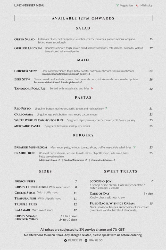 Prairie by Craftsmen Joo Chiat Lunch Menu