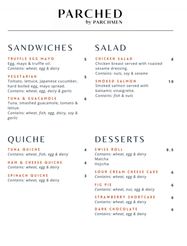 Menu of Parched by Parchmen