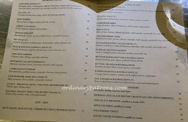 Lebanese Food at Dempsey Project Singapore menu