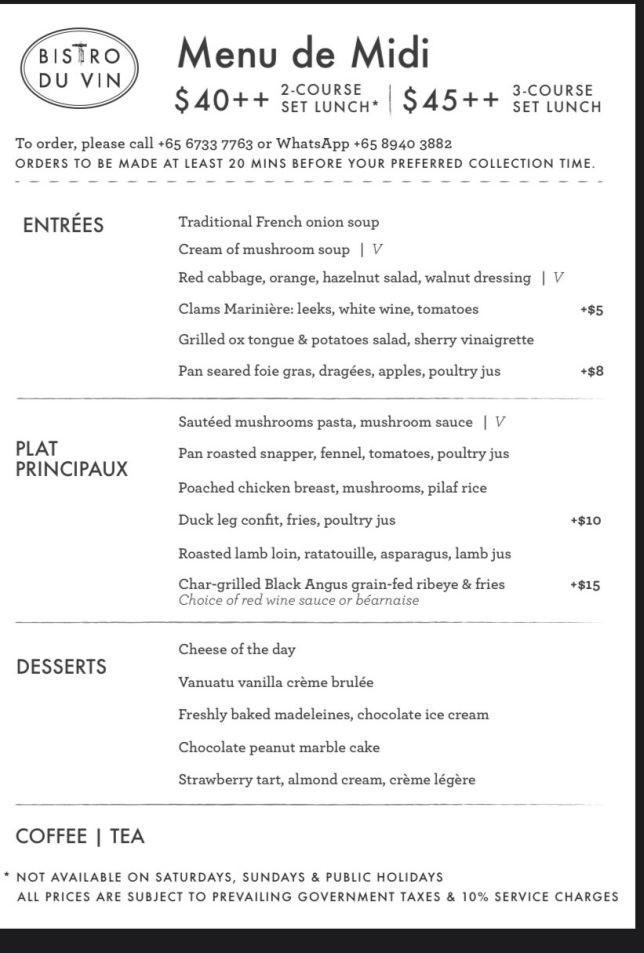 Bistro Du Vin - Affordable French Restaurant in Singapore Menu 2022
