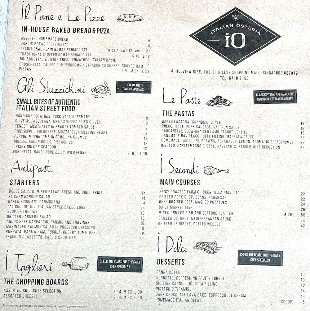 iO Osteria Restaurant Menu