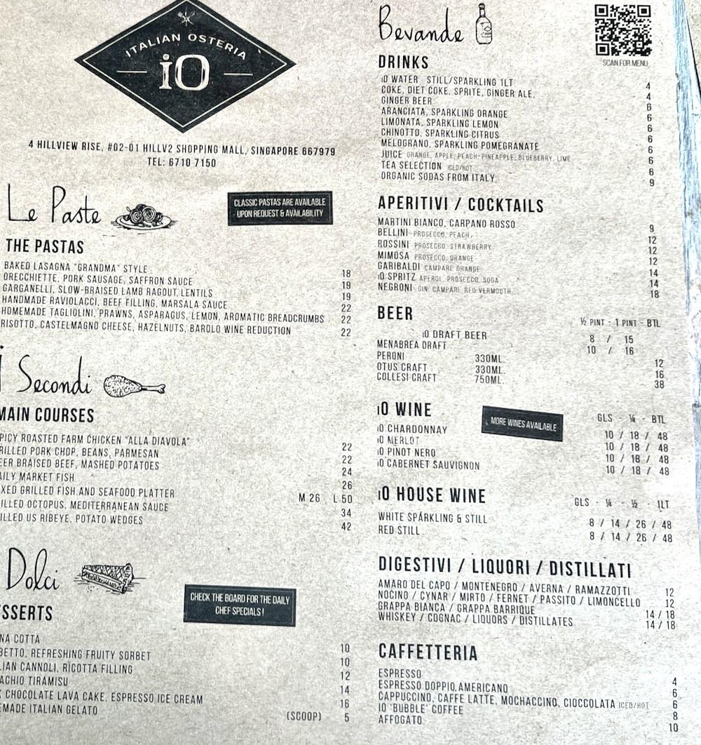 iO Osteria Restaurant Menu