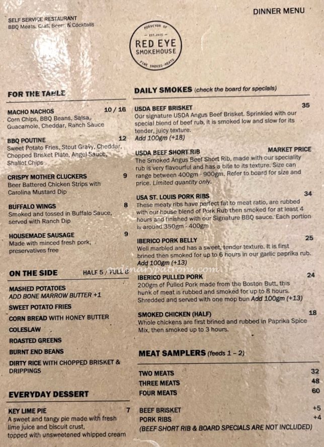 Red Eye Smokehouse Singapore Menu