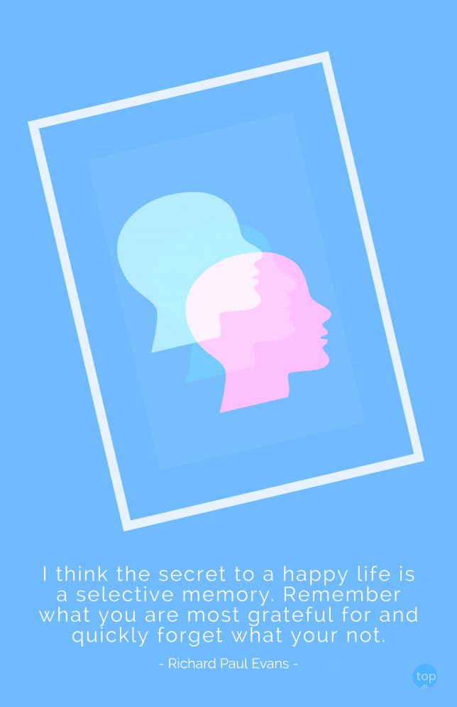 
I think the secret to a happy life is a selective memory. Remember what you are most grateful for and quickly forget what your not. - Richard Paul Evans
quote
