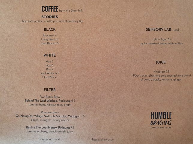 Menu of Humble Origins Coffee Roasters