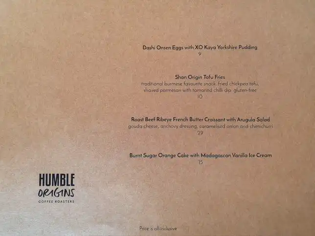 Humble Origins Coffee Roasters Menu